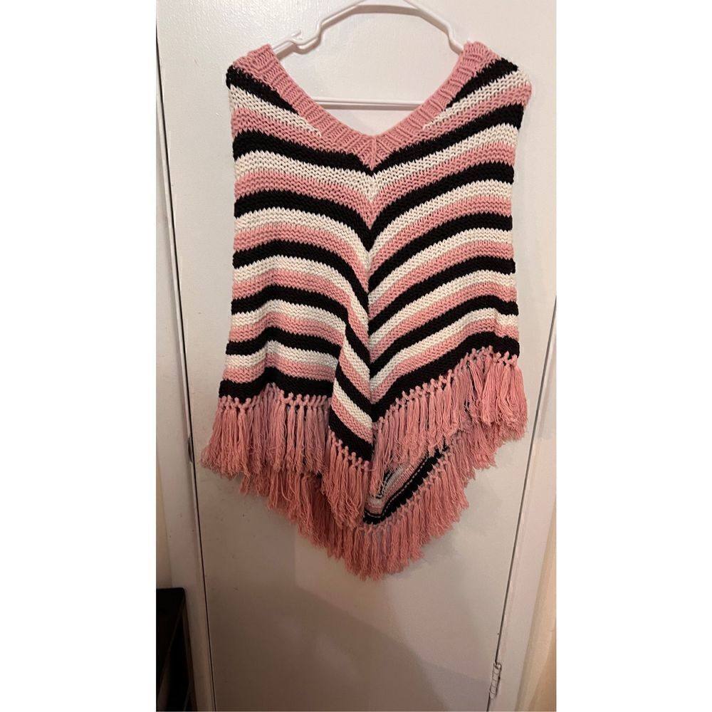Caslon Women's Chevron Stripe Knit Fringe Poncho Sweater Multi-Color Size Medium